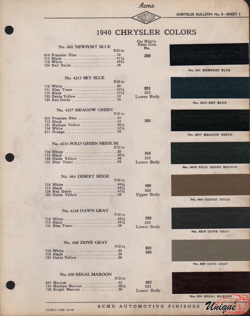 1940 Chrysler Paint Charts Acme 1